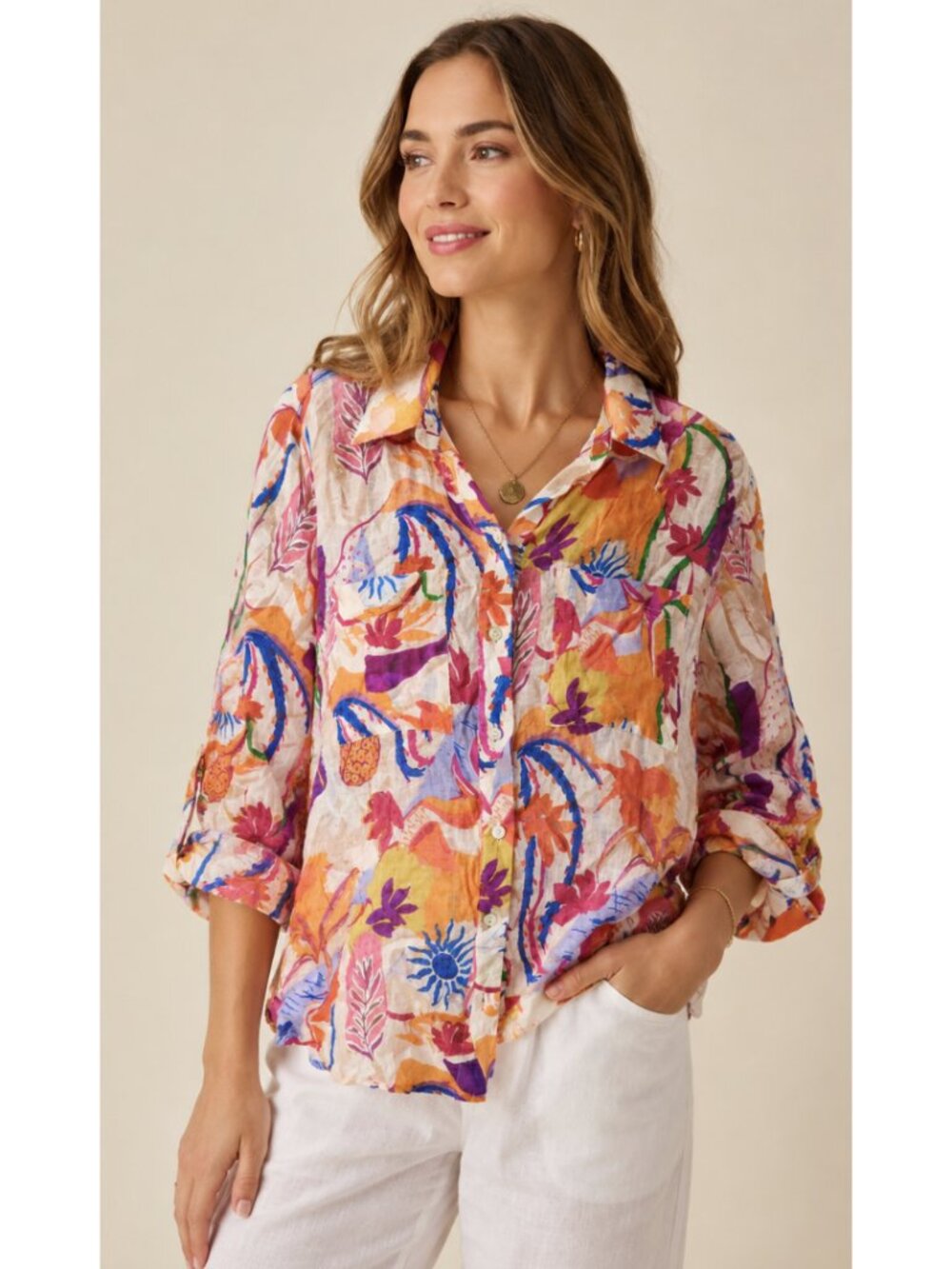 MILK & HONEY Bright Tropical Print Blouse Shirt Small Abstract Colorful
